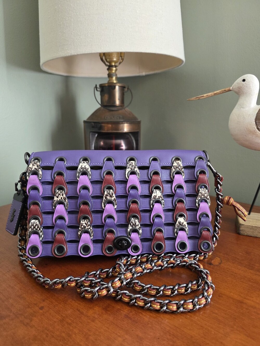 Coach 1941 86855 Dinky Coach Link Purple Leather Snakeskin Woven Crossbody Bag